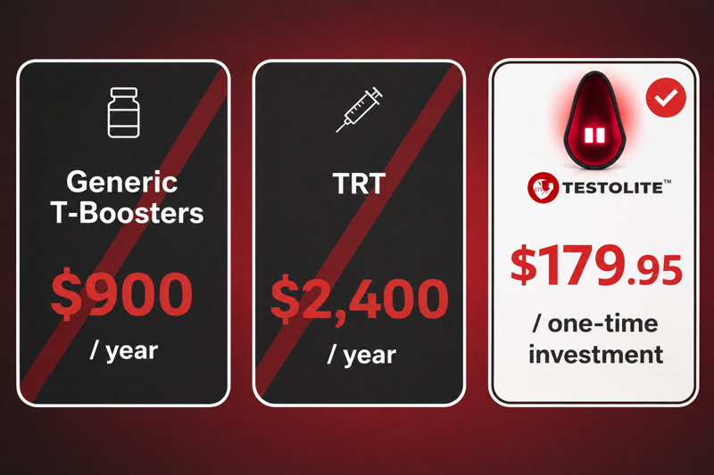 Cost comparison: generic T-boosters $900 a year, TRT $2,400 a year, Testolite PRO Dual $179.95 one time